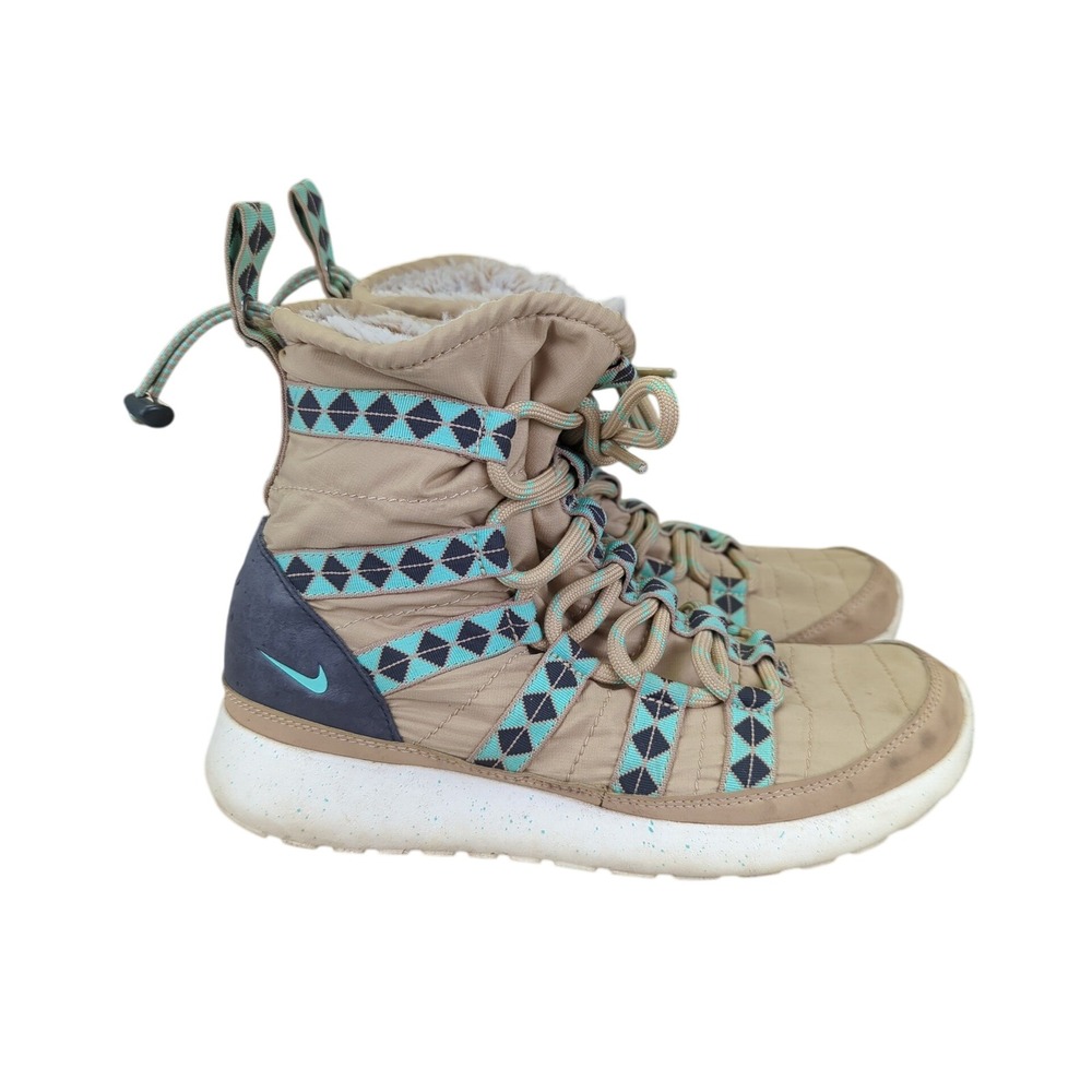 Nike Roshe Run Winter Mid Boots Women's Size 7 Beige Blue Faux Fur Lined 616724